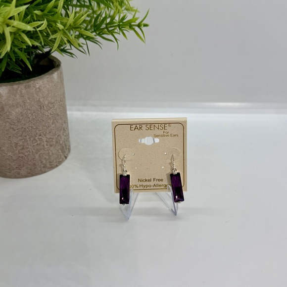 Ear Sense Rectangular Purple Crystal Dangle Earrings Nickel Free Hypoallergenic - Picture 6 of 8